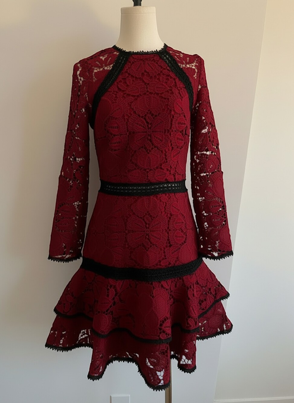 Alexis Red Lace Dress with Black Trim Small